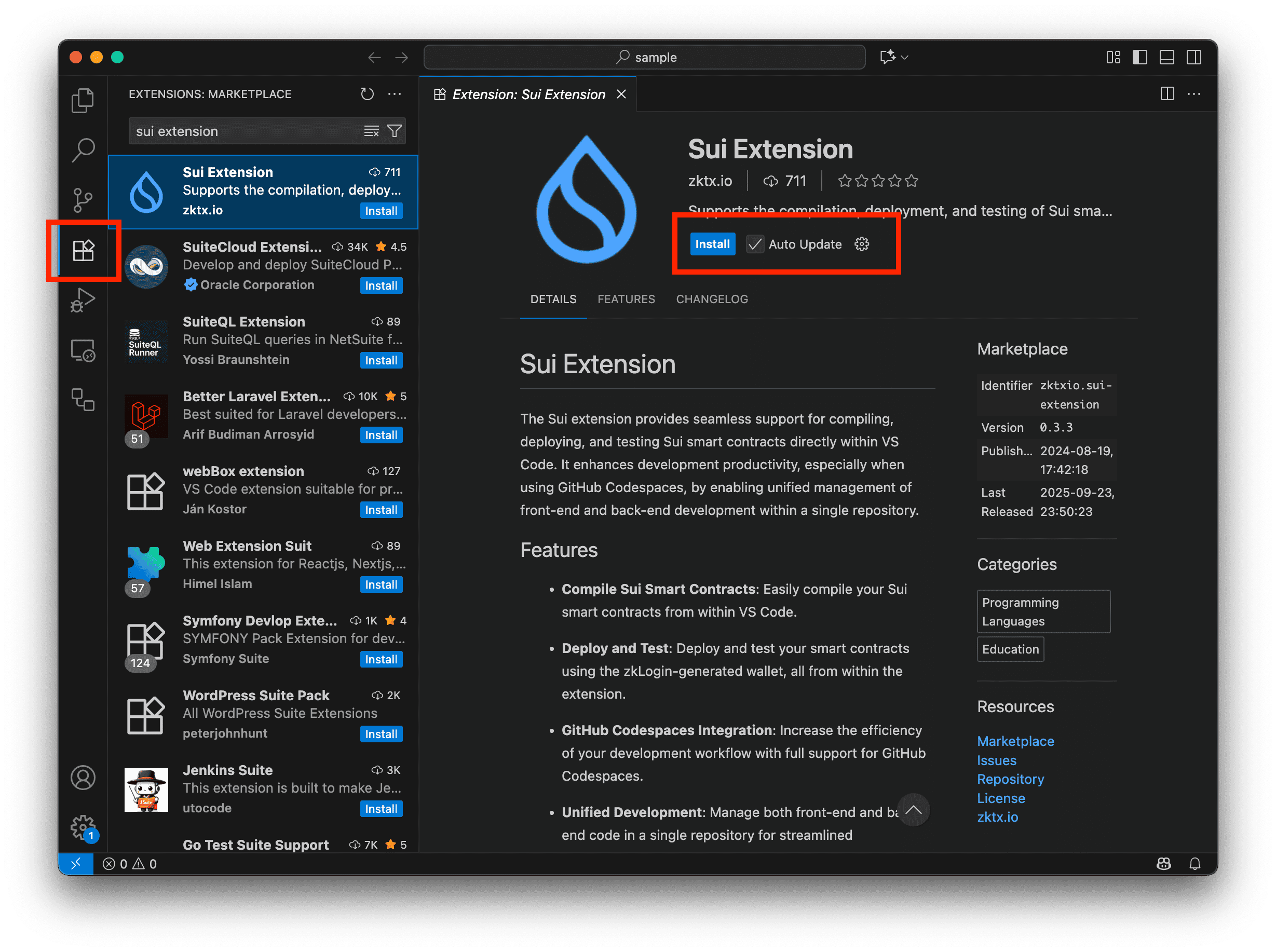 VS Code Marketplace — Sui Extension